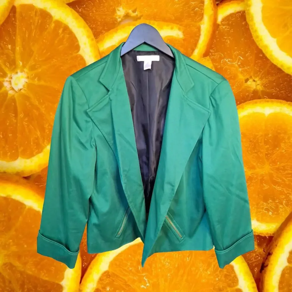 Chico's‎ Green Blazer with Gold Zip Pockets Size 2